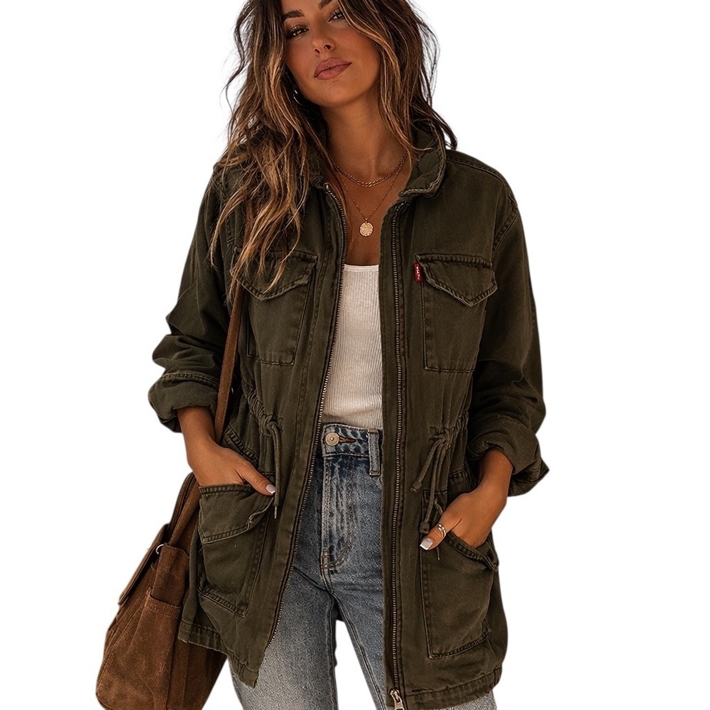 Levi Strauss Size XS Jean Jacket Dark Green Mid Length Womens Drawstring Zip 679